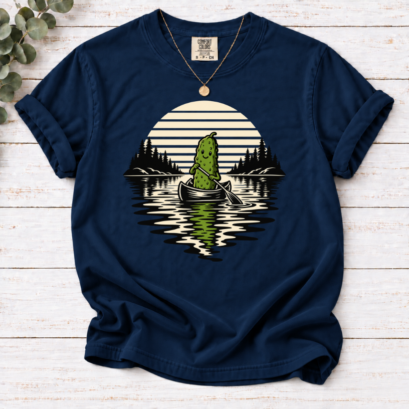 Canoeing pickle under a retro sunset on a Navy T-shirt.