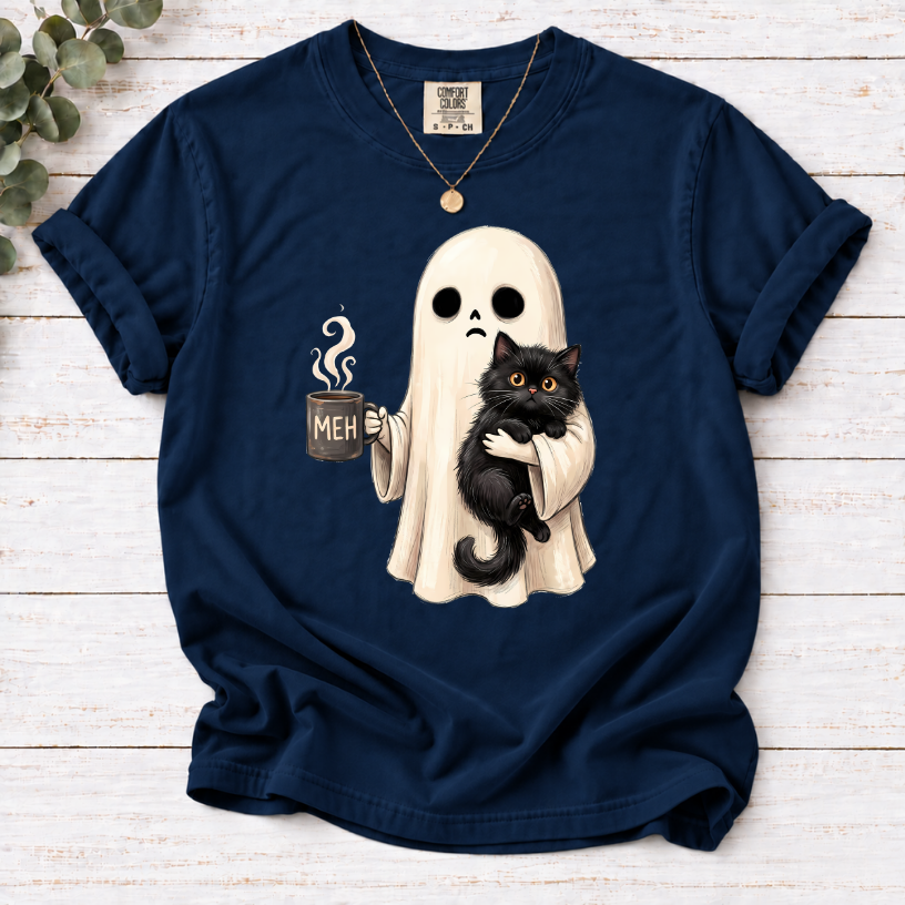 Ghost with Black Cat & Coffee Funny Halloween T-Shirt