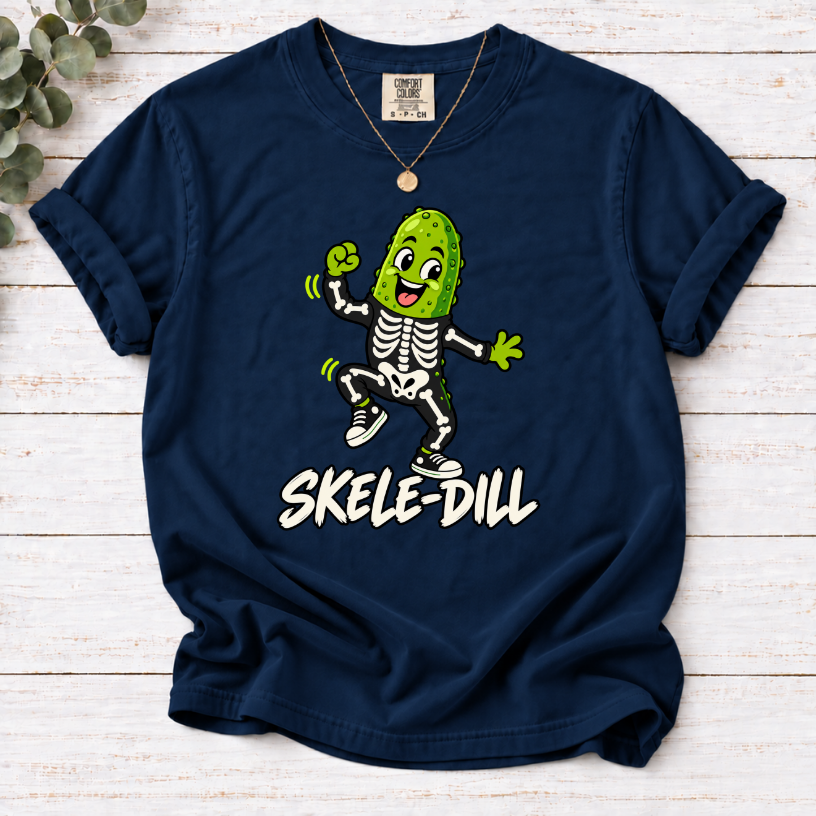 Navy Skele-Dill T-shirt featuring a dancing pickle in a skeleton costume with SKELE-DILL lettering