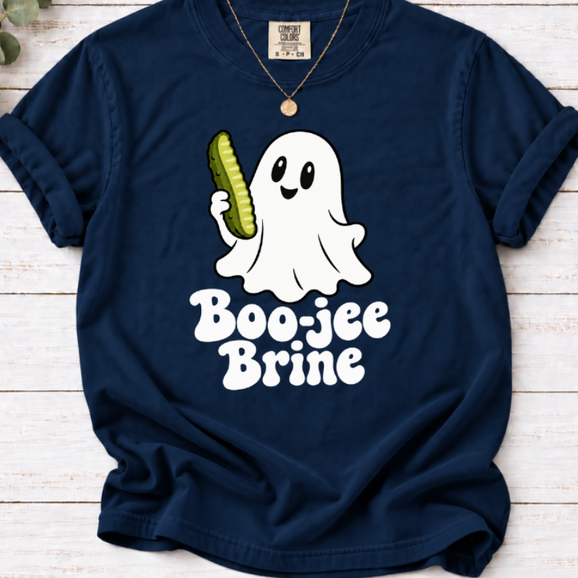 Navy Boo-jee Brine T-shirt featuring a smiling white ghost holding a green pickle above white lettering