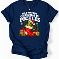 Navy T-shirt with ‘All I Want for Christmas Is Pickles’ and a Santa-hat pickle in a red stocking.