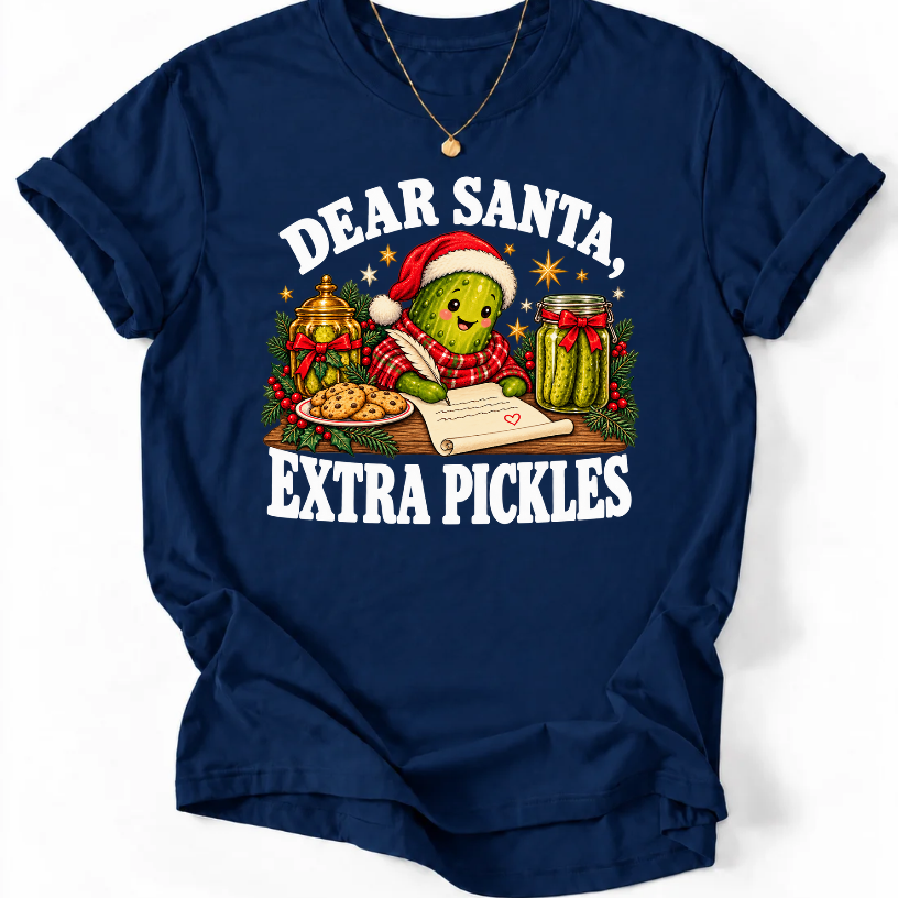 Navy ‘Dear Santa, Extra Pickles’ T-shirt featuring a Santa-hat pickle writing a letter beside cookies and pickles.”