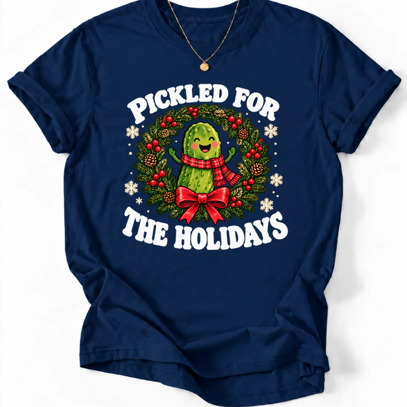 Navy Pickled for the Holidays’ T-shirt with a smiling pickle in a red scarf inside a Christmas wreath.”