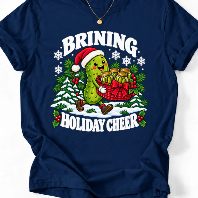 Navy T-shirt with “Brining Holiday Cheer” lettering and a smiling pickle wearing a Santa hat, carrying a basket of pickle jars.