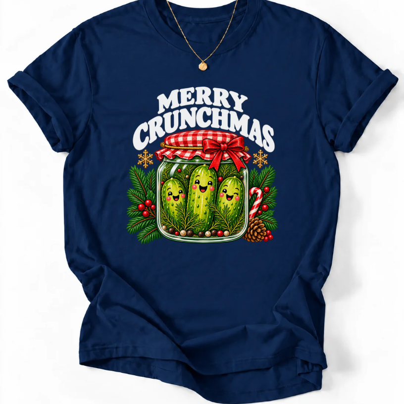 Navy T-shirt with “Merry Crunchmas” lettering above three smiling pickles in a jar decorated with a red bow and Christmas greenery.