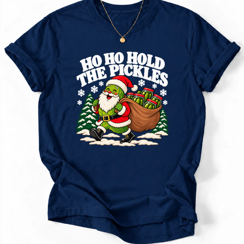 Navy T-shirt with “Ho Ho Hold the Pickles” lettering and a pickle dressed as Santa carrying a sack of pickle jars beside snowy trees.