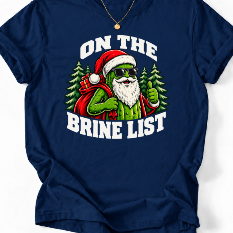 Navy On the Brine List’ T-shirt with a Santa pickle wearing sunglasses, carrying a gift sack, and giving a thumbs-up.”