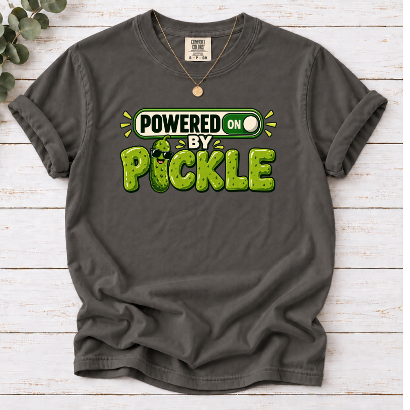 Powered by Pickles T-Shirt – Funny Pickle Lover Graphic Tee