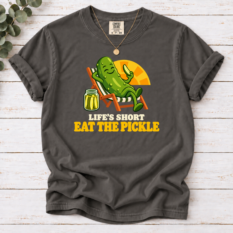 Pepper T-shirt with Life’s Short Eat the Pickle graphic