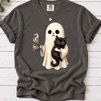 Ghost with Black Cat & Coffee Funny Halloween T-Shirt