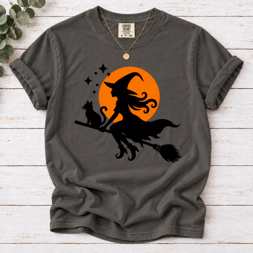 Witch & Cat Moon T-Shirt — Halloween Witch Silhouette Tee