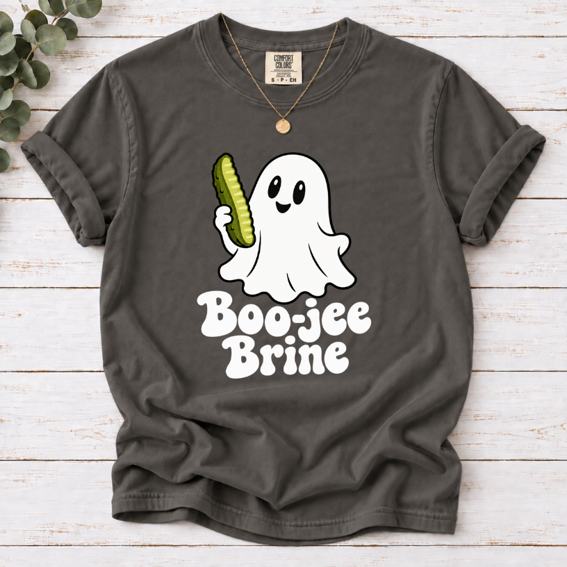 Pepper Boo-jee Brine T-shirt featuring a smiling white ghost holding a green pickle above white lettering