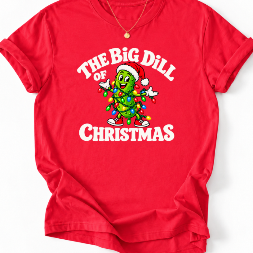 Red T-shirt with ‘The Big Dill of Christmas’ text and a smiling pickle in a Santa hat wrapped in colorful lights.”