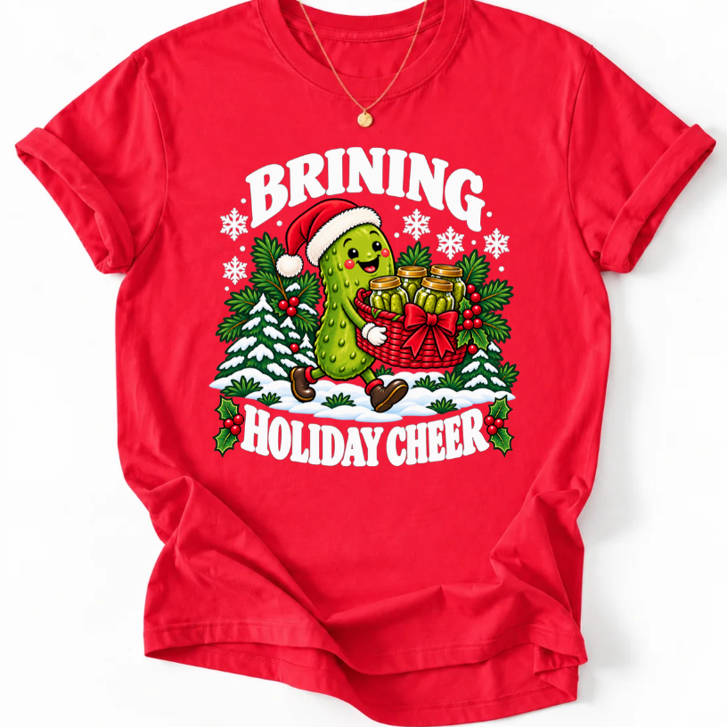 Red T-shirt with “Brining Holiday Cheer” lettering and a smiling pickle wearing a Santa hat, carrying a basket of pickle jars.