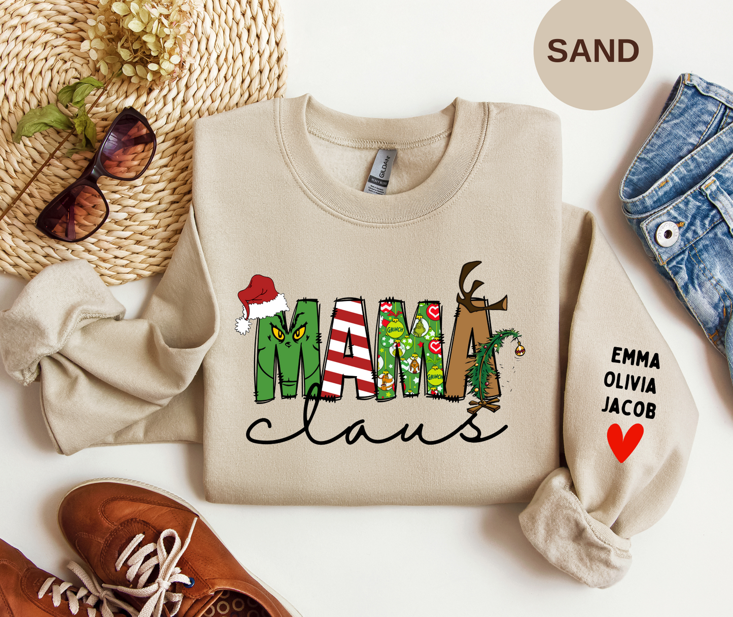 Custom Mama Grinch and Claus Sweatshirt| Mom Cozy Christmas Sweater Gift Idea| Cute Personalized Mama Sweater