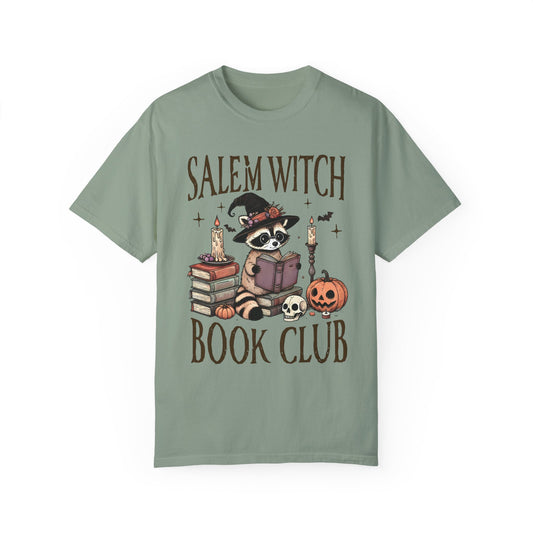 Salem Witch Book Club on Bay Comfort Color Tee Featuring whimsical raccoon in a witch hat