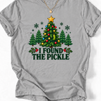Sports Grey I Found the Pickle Christmas T-shirt design featuring a tree with colorful lights, a gold star, and a hanging green pickle ornament.