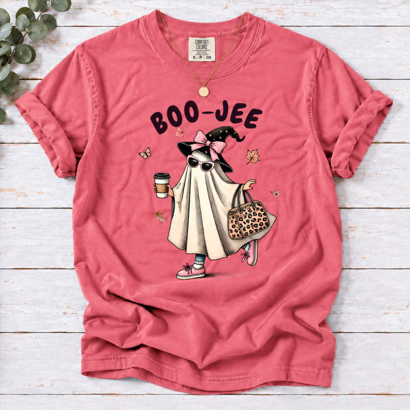 Boo-Jee Ghost T-Shirt — Cute Ghost with Coffee & Leopard Tote, Halloween Cozy Tee