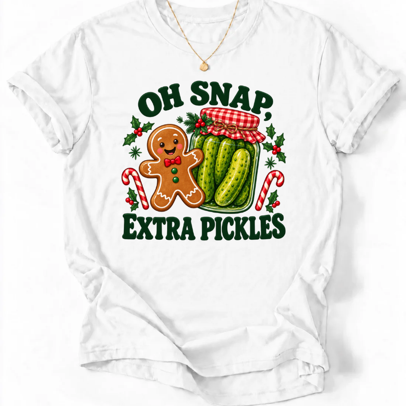 White T-shirt with “Oh Snap, Extra Pickles” lettering, a smiling gingerbread character, and a pickle jar surrounded by candy canes and holly.
