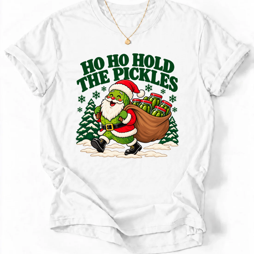 White T-shirt with “Ho Ho Hold the Pickles” lettering and a pickle dressed as Santa carrying a sack of pickle jars beside snowy trees.
