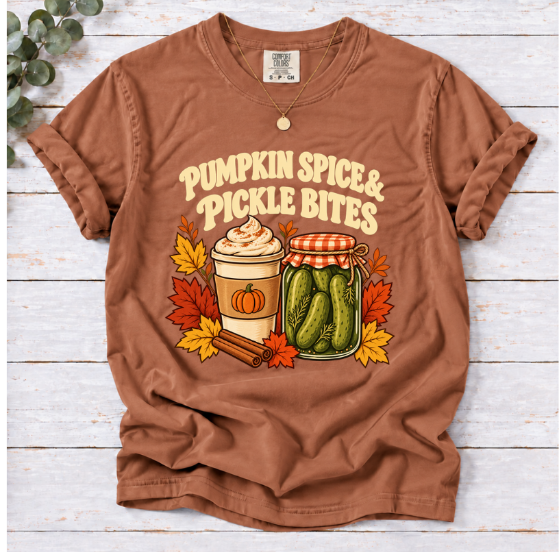 Vintage Pumpkin Spice & Pickle Bites design with dark brown lettering, a coffee cup, pickle jar, autumn leaves, and cinnamon sticks on yam shirt
