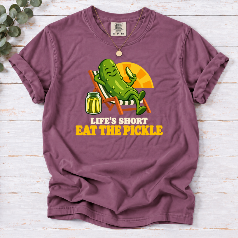 Berry T-shirt with Life’s Short Eat the Pickle graphic