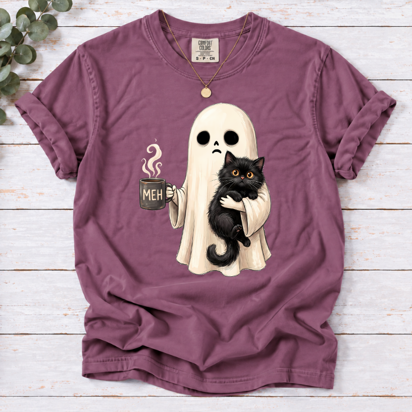 Ghost with Black Cat & Coffee Funny Halloween T-Shirt