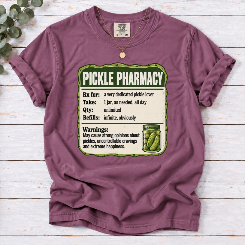 Pickle Pharmacy Prescription Label Funny T-Shirt | Pickle Lover Novelty Tee