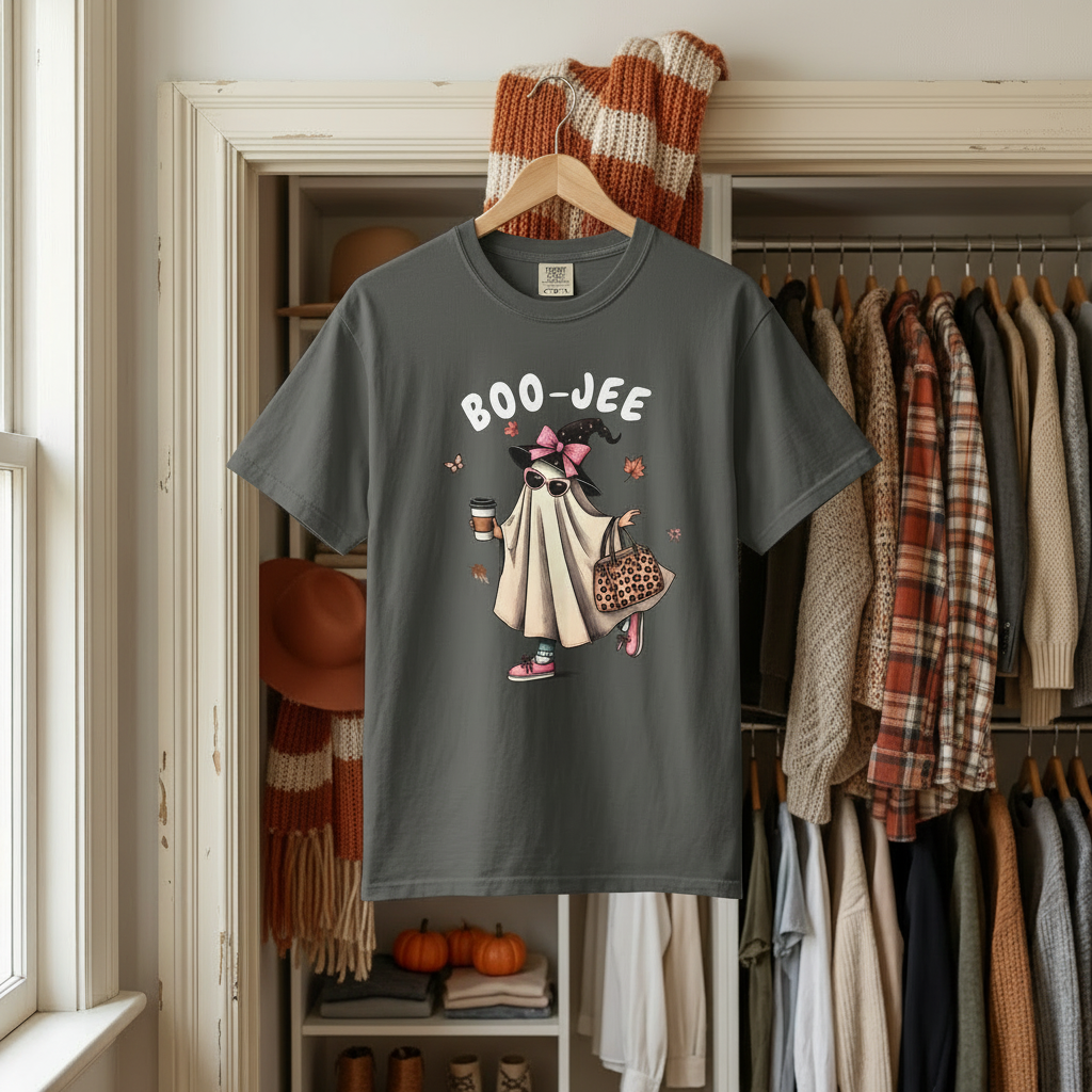 Boo-Jee Ghost T-Shirt — Cute Ghost with Coffee & Leopard Tote, Halloween Cozy Tee