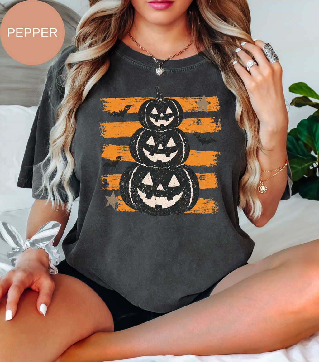 Stacked Jack-o'-Lanterns Pumpkin Stripe T-shirt | Halloween Tee