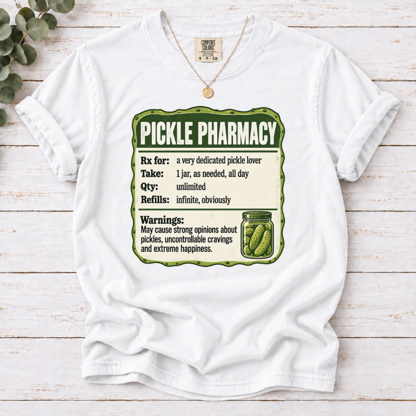 Pickle Pharmacy Prescription Label Funny T-Shirt | Pickle Lover Novelty Tee