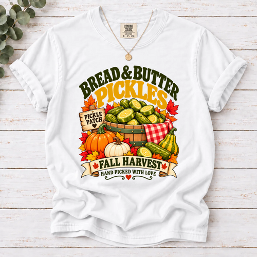 White Bread & Butter Pickles Fall Harvest T-shirt with a basket of pickles, pumpkins, gourds and autumn leaves.