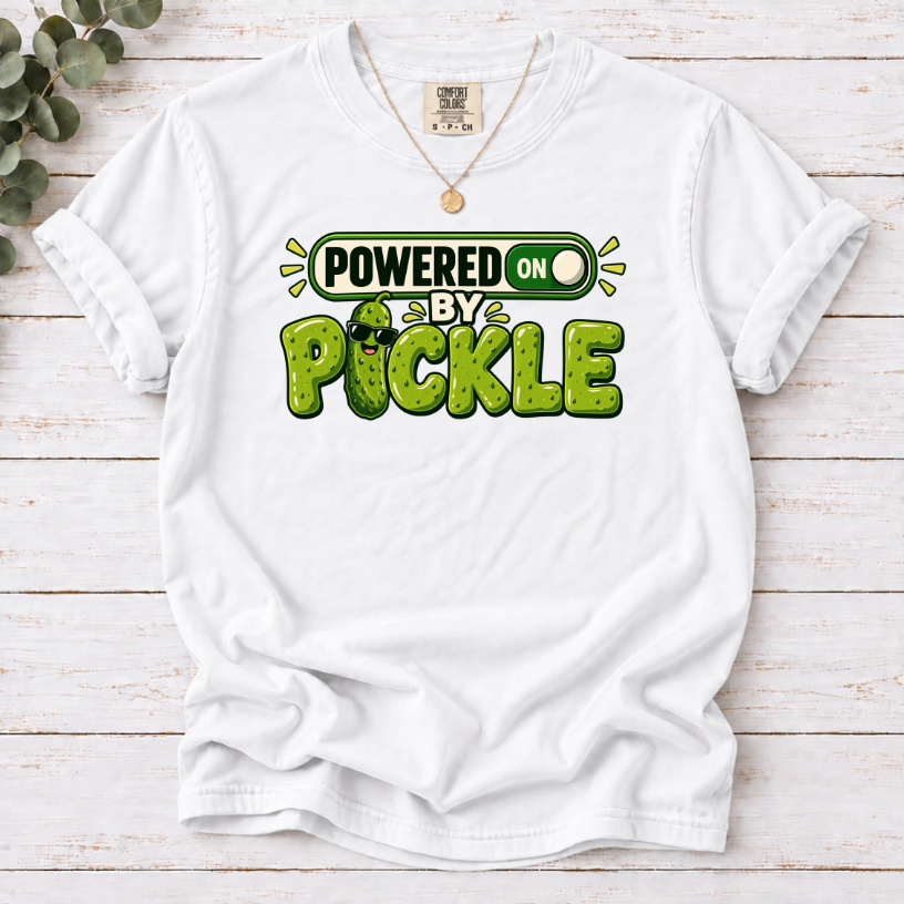 Powered by Pickles T-Shirt – Funny Pickle Lover Graphic Tee