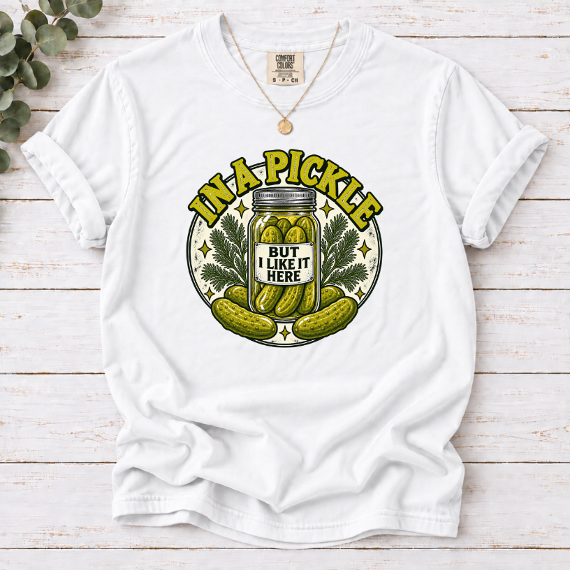 In A Pickle (But I Like It Here) T-Shirt – Vintage Pickle Jar Graphic Tee